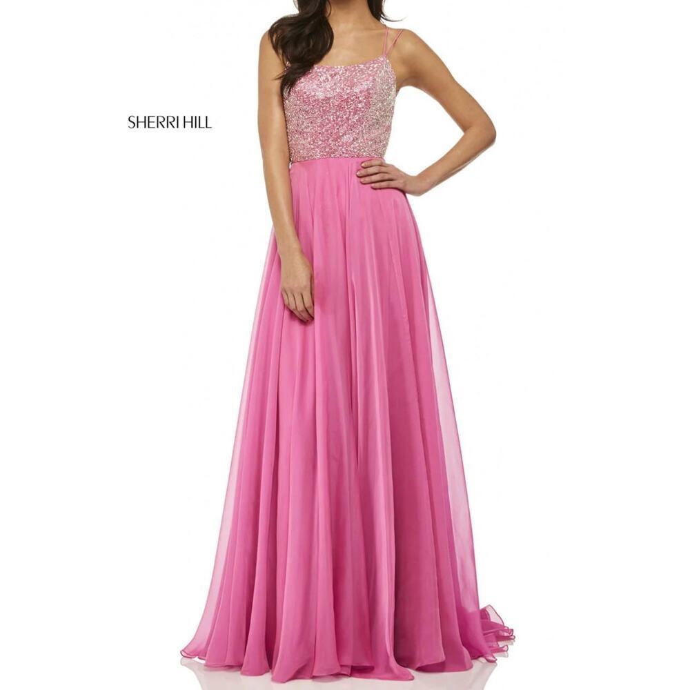 NWT Sherri Hill Formal Pink Chiffon Beaded Top Prom Dress 52591-Size 12
